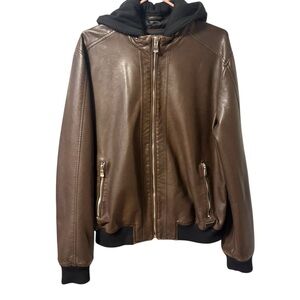 Point Zero Removable Fleece Hooded Vegan Leather Jacket Bomber Moto Men’s Medium